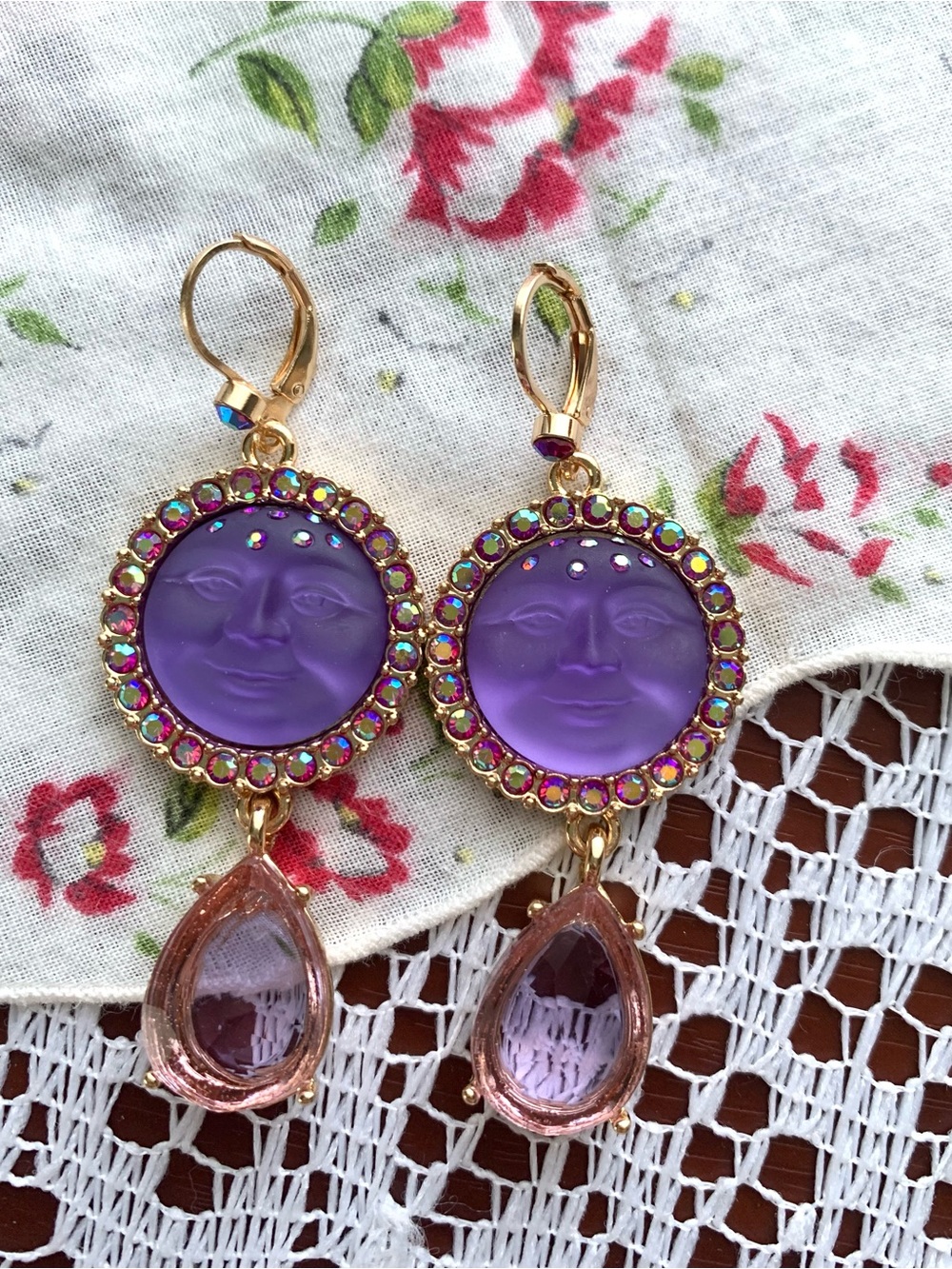 Kirk’s Folly Purple Moon Face Dangling Teardrop Vintage/Retro Earrings - Picture 3 of 4